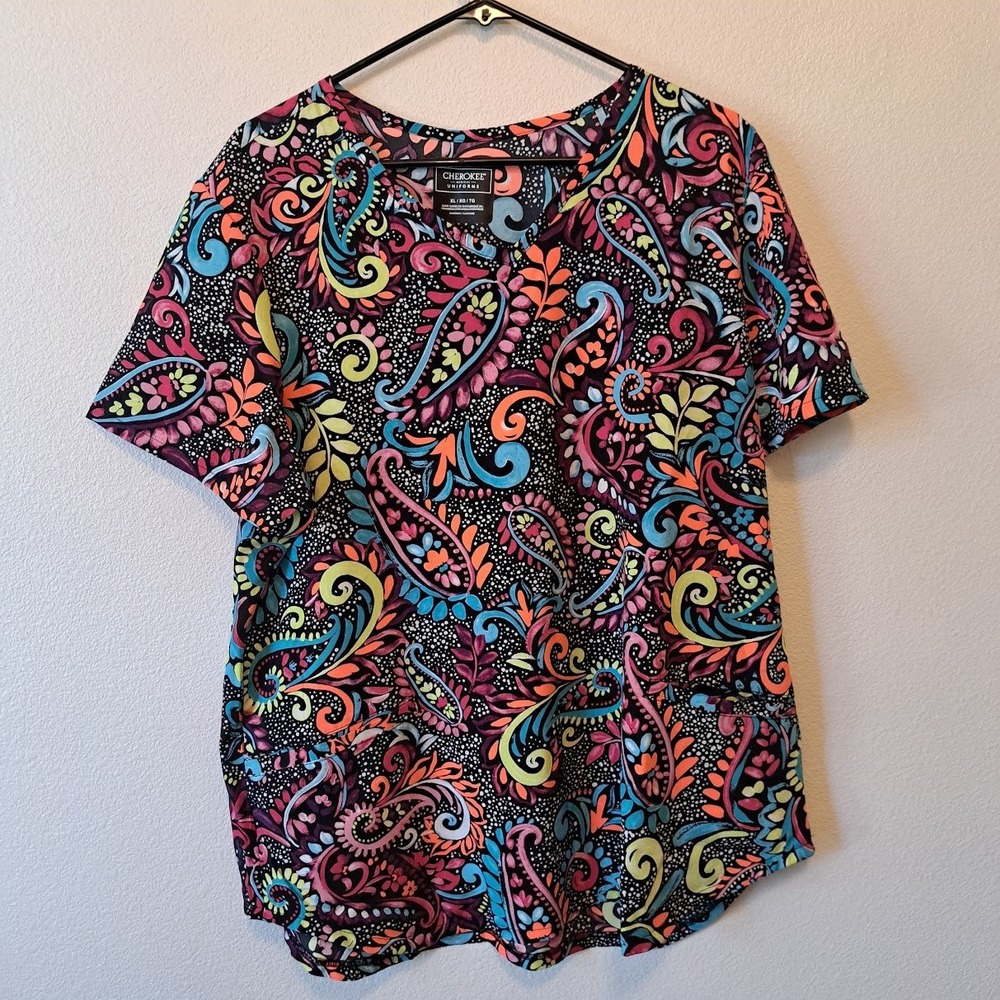 Cherokee Medical Uniforms XL Scrub Top Paisley Floral Multi-Color V-Neck CK637